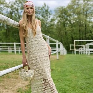 Anthropologie Handmade Diamond Crochet Knit Lined Dress Ivory Medium/Large NWT$